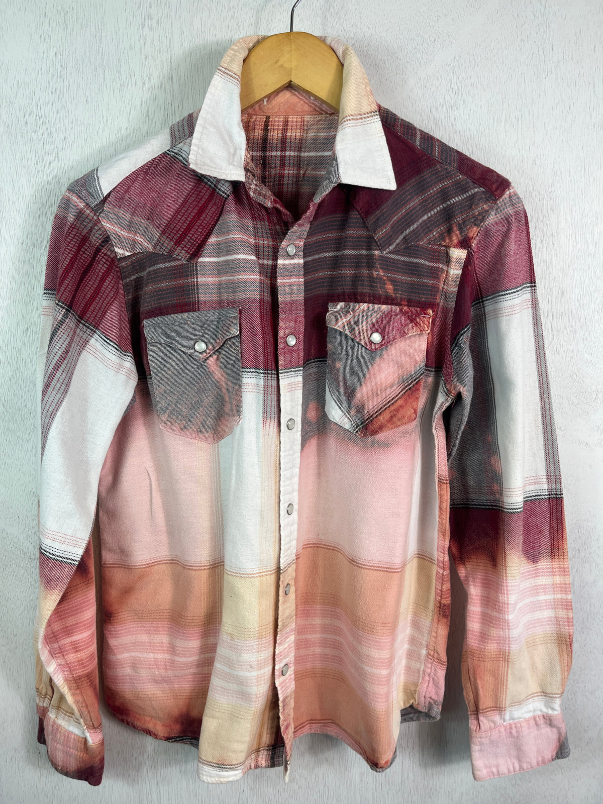 Vintage Western Style Burgundy, Pink, white and Peach Flannel Size Small