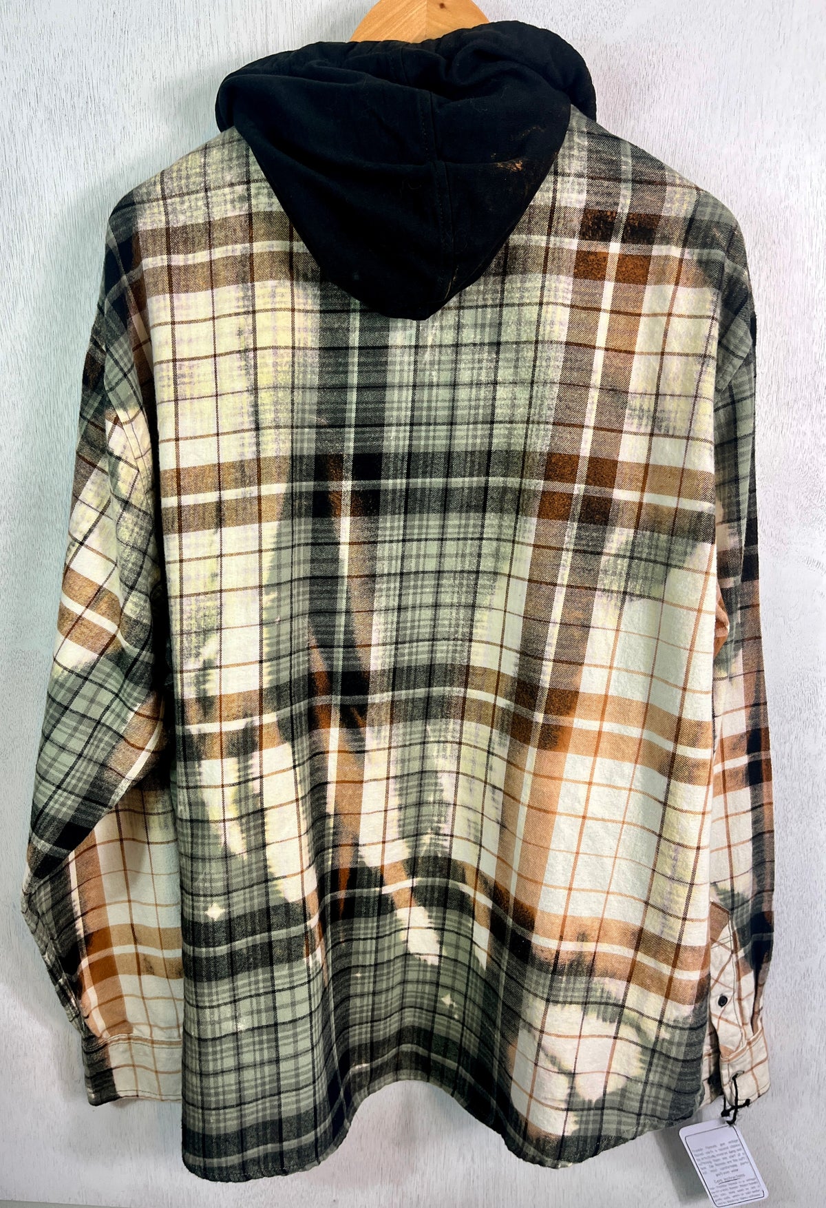 Vintage Sage Green, Black, Rust and Cream Flannel Hoodie Size XL