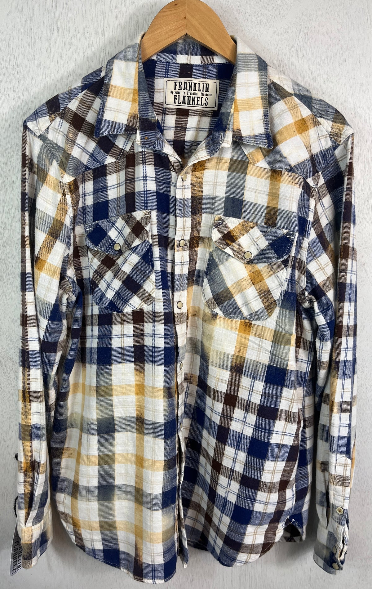 Vintage Western Style Blue, White Yellow and Chocolate Brown Flannel Size Medium