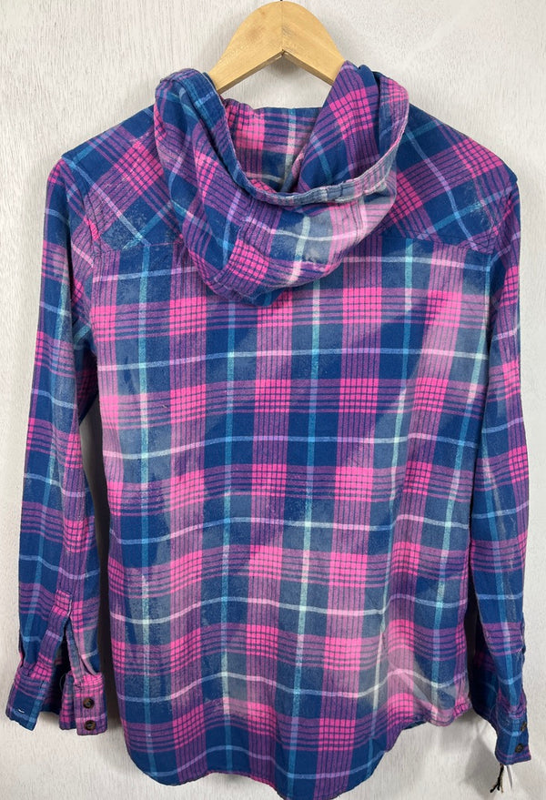 Vintage Royal Blue and Hot Pink Flannel Hoodie Size Small