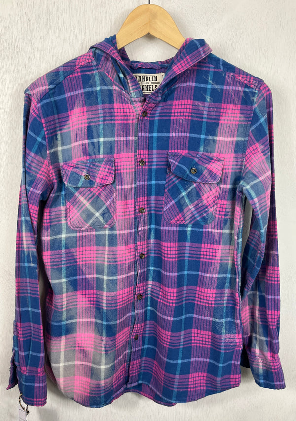 Vintage Royal Blue and Hot Pink Flannel Hoodie Size Small
