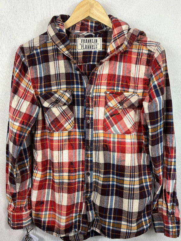 Vintage Brown, Yellow, White and Brick Red Flannel Hoodie Size Small