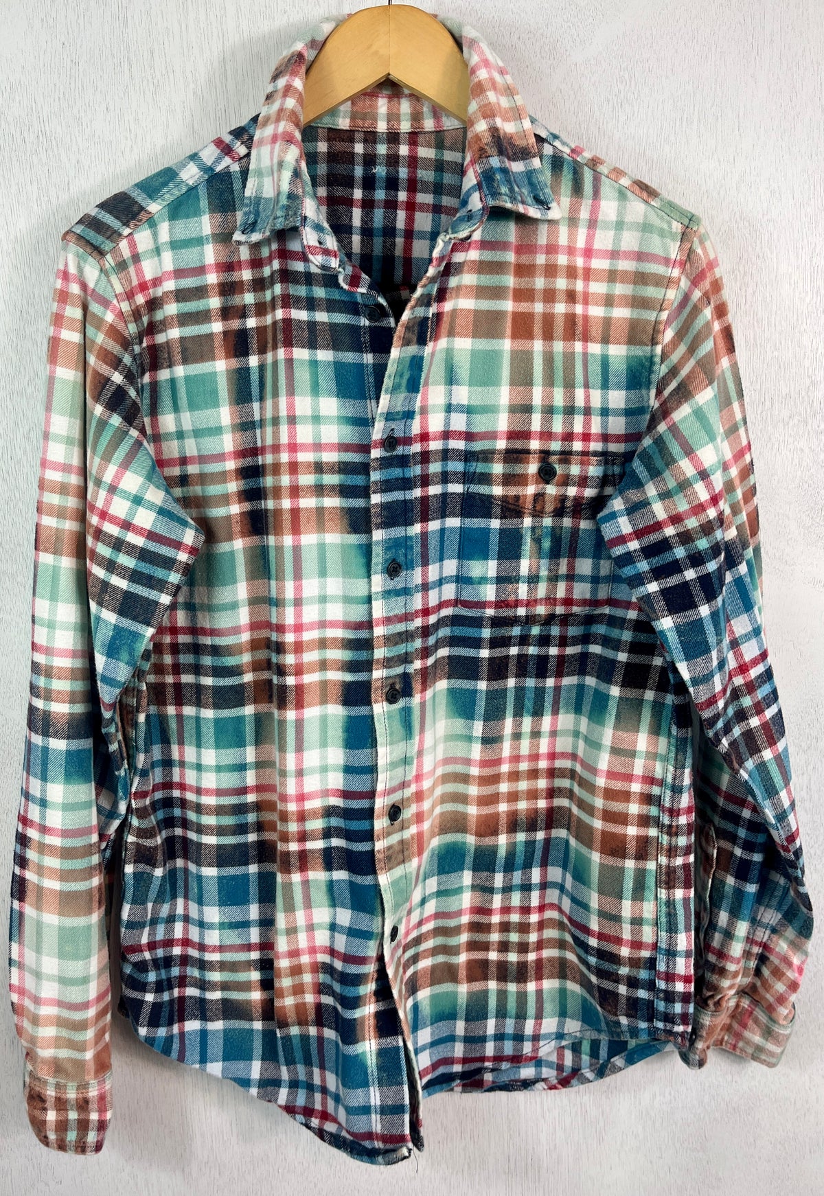 Vintage Turquoise, Seafoam, Pink, White and Black Flannel Size Small