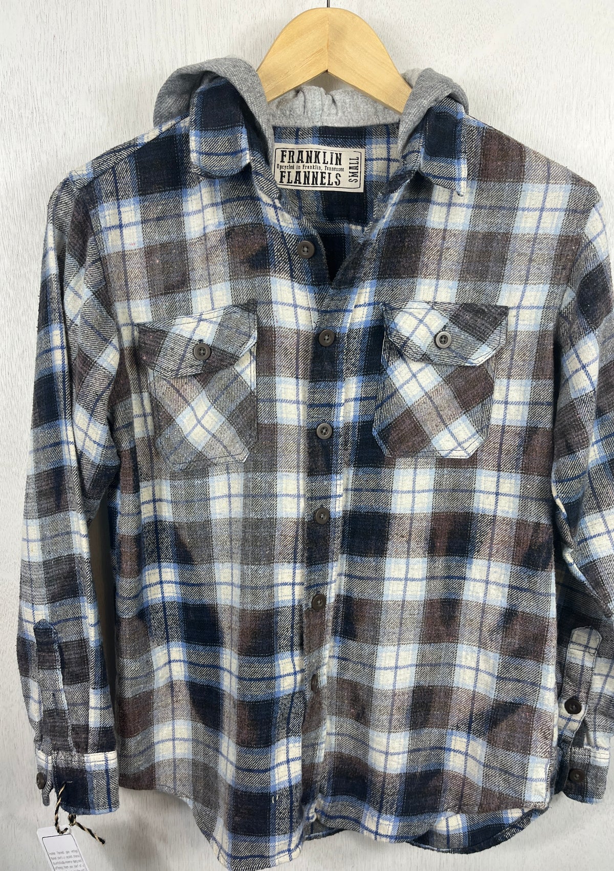 Vintage Navy Blue, White and Grey Flannel Hoodie Size Small