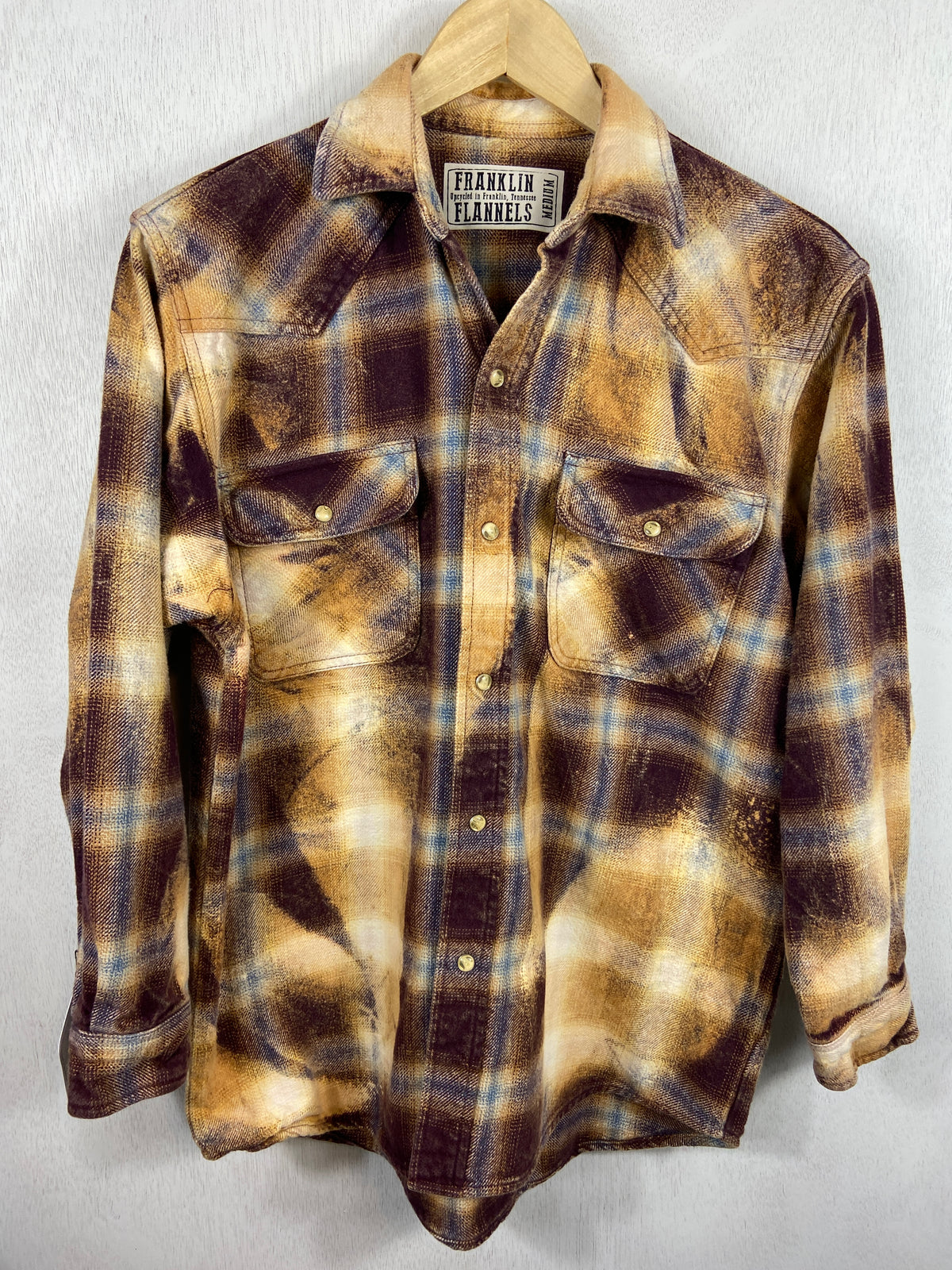Vintage Western Style Chocolate Brown, Gold and Light Blue Flannel Jacket Size Medium