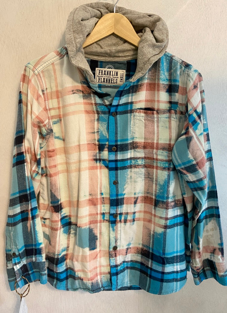 Vintage Turquoise, Peach and Cream Flannel Hoodie Size Small