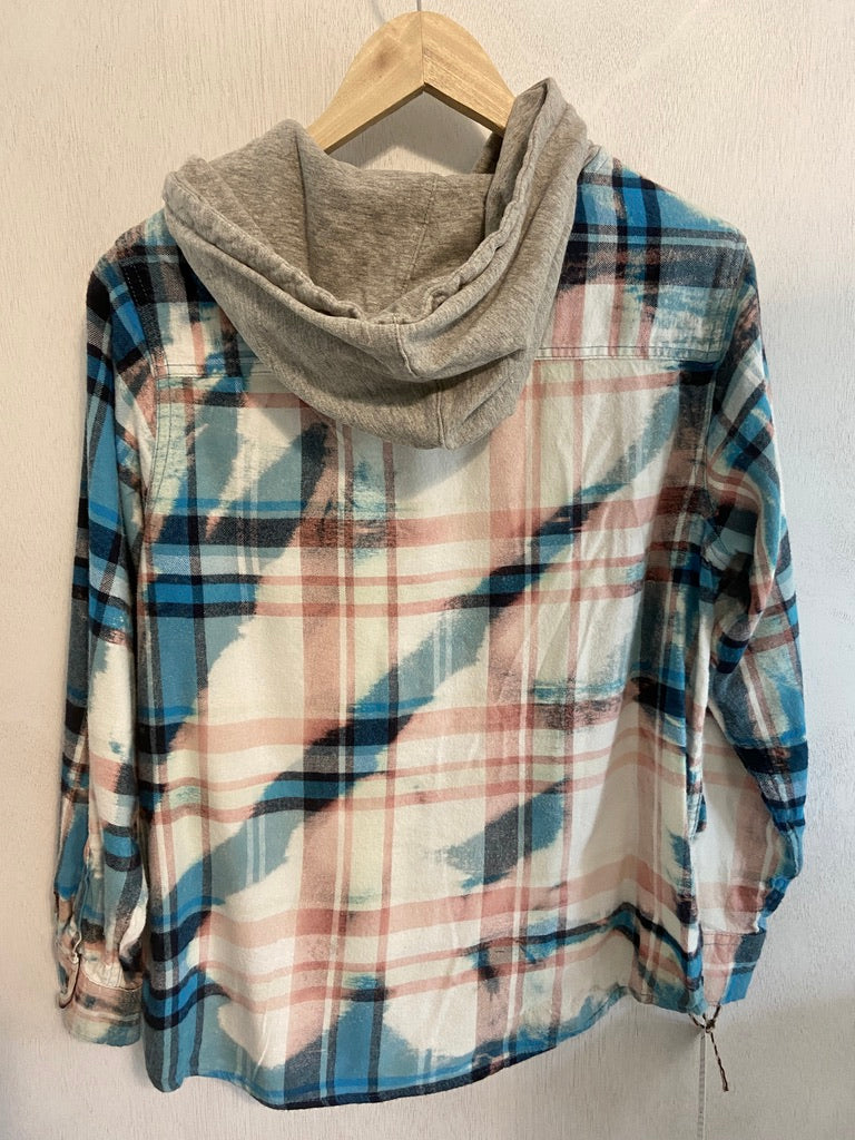 Vintage Turquoise, Peach and Cream Flannel Hoodie Size Small