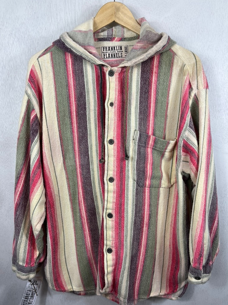 Vintage Red, Green, Black and Cream Flannel Hoodie Size XL