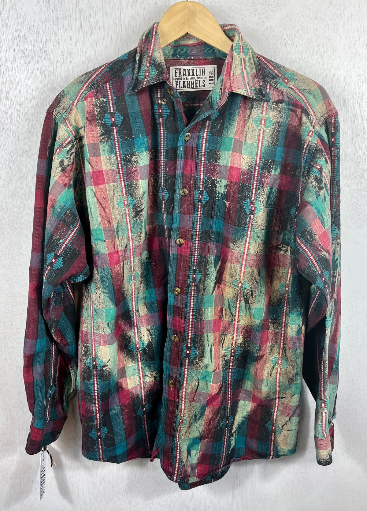 Vintage Turquoise, Teal, Pink and Black Flannel Size Large