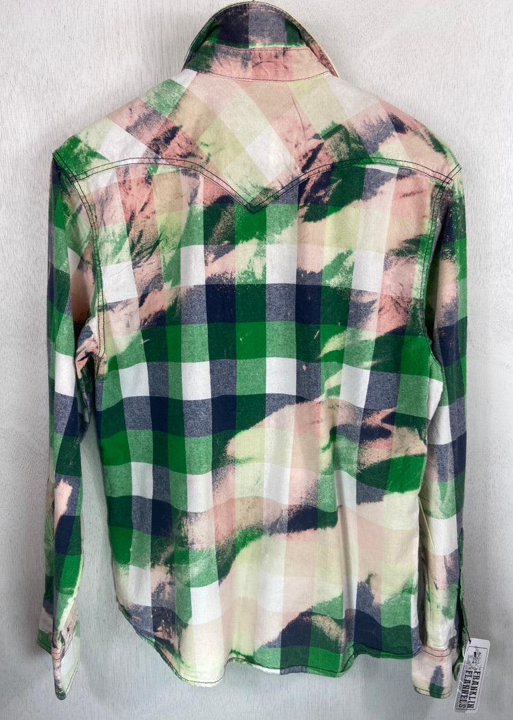 Vintage Western Style Green, Navy, Pink and White Flannel Size Medium