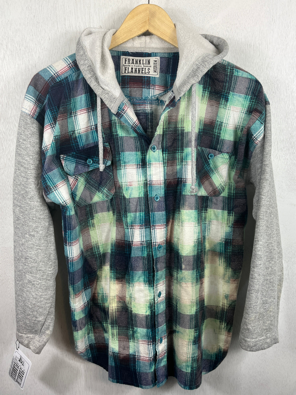 Vintage Turquoise, Black, White and Seafood Green Flannel Hoodie Size Medium