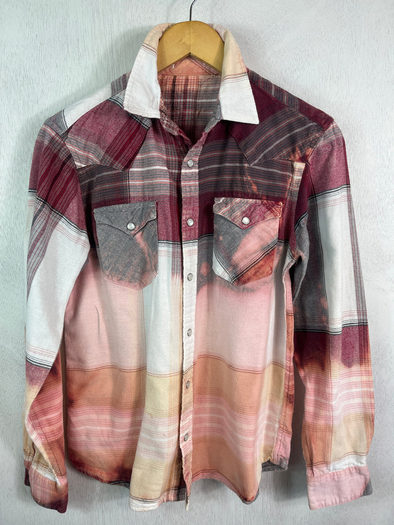 Vintage Western Style Burgundy, Pink, white and Peach Flannel Size Small