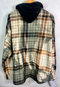 Vintage Sage Green, Black, Rust and Cream Flannel Hoodie Size XL