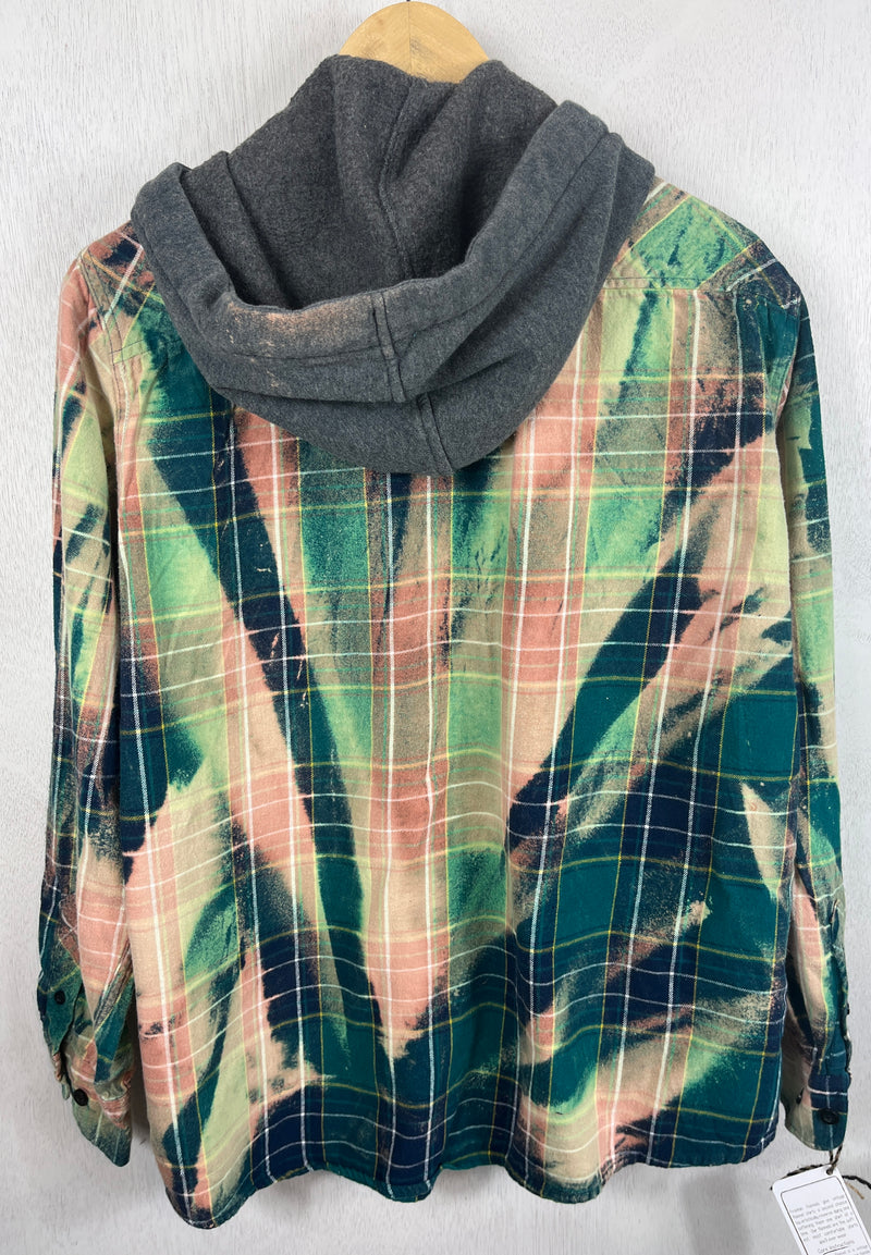 Vintage Teal, Light Green and Peach Flannel Hoodie Size Medium