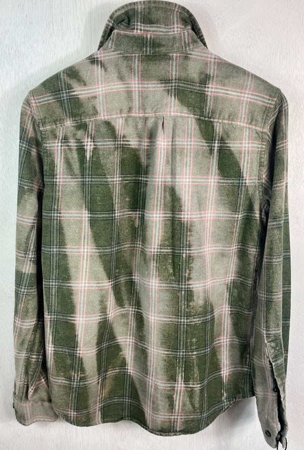 Vintage Army Green, Sage, White and Pink Flannel Size Small
