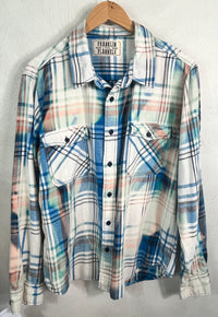 Vintage Turquoise, White, Peach and Black Flannel Size Large