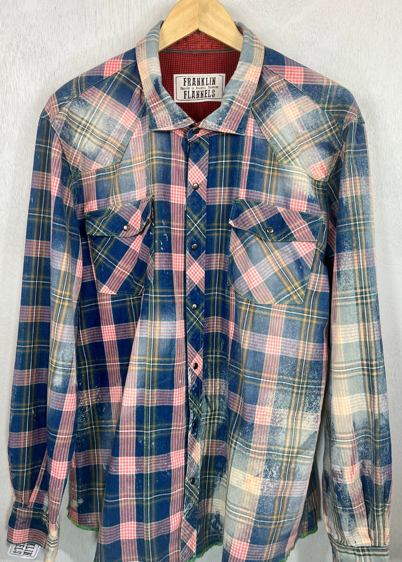 Vintage Western Syle, Navy Blue, Pink, Gold and White Flannel Size XL