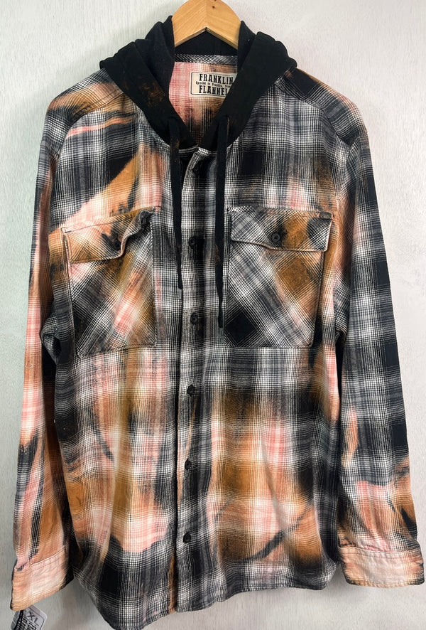 Vintage Black, White, Rust and Pink Flannel Hoodie Size XL