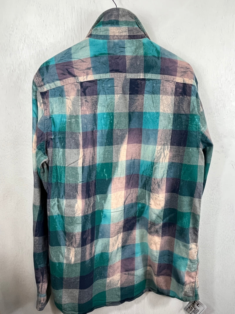 Vintage Turquoise, Teal, Cream and Navy Blue Flannel Size Large Tall
