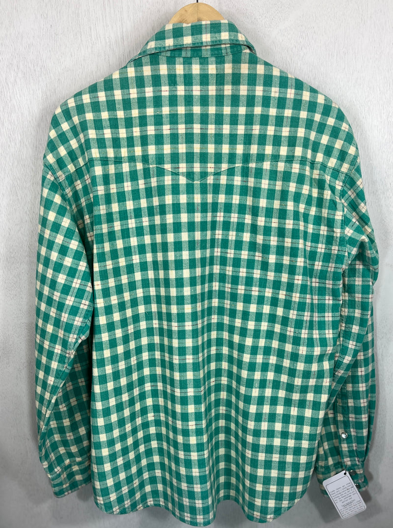 Vintage Western Style Bright Green and White Flannel Size Large