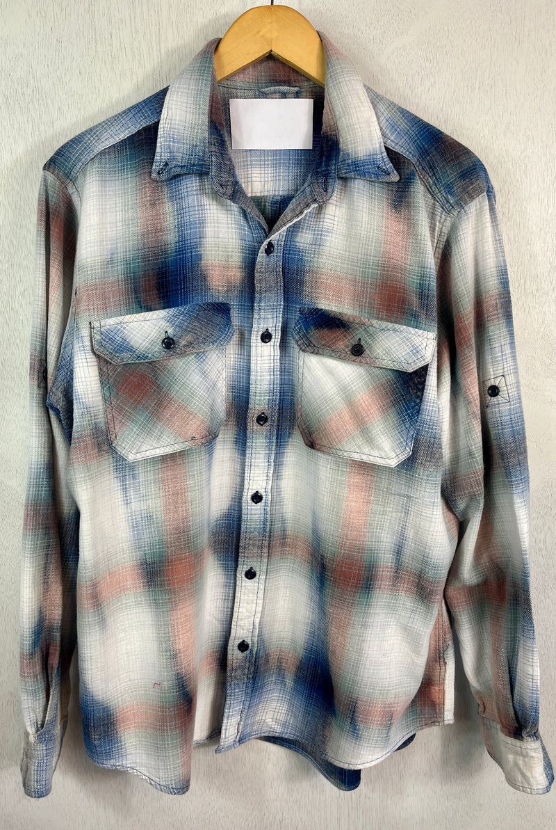 Vintage Blue, Light Pink and White Flannel Size Large