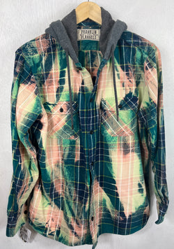 Vintage Teal, Light Green and Peach Flannel Hoodie Size Medium