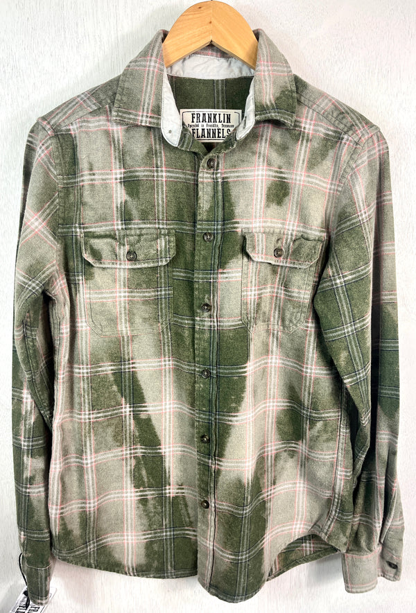 Vintage Army Green, Sage, White and Pink Flannel Size Small