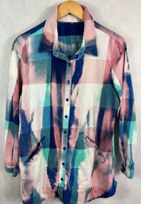 Vintage Turquoise, Royal Blue, White and Pink Flannel Size Small