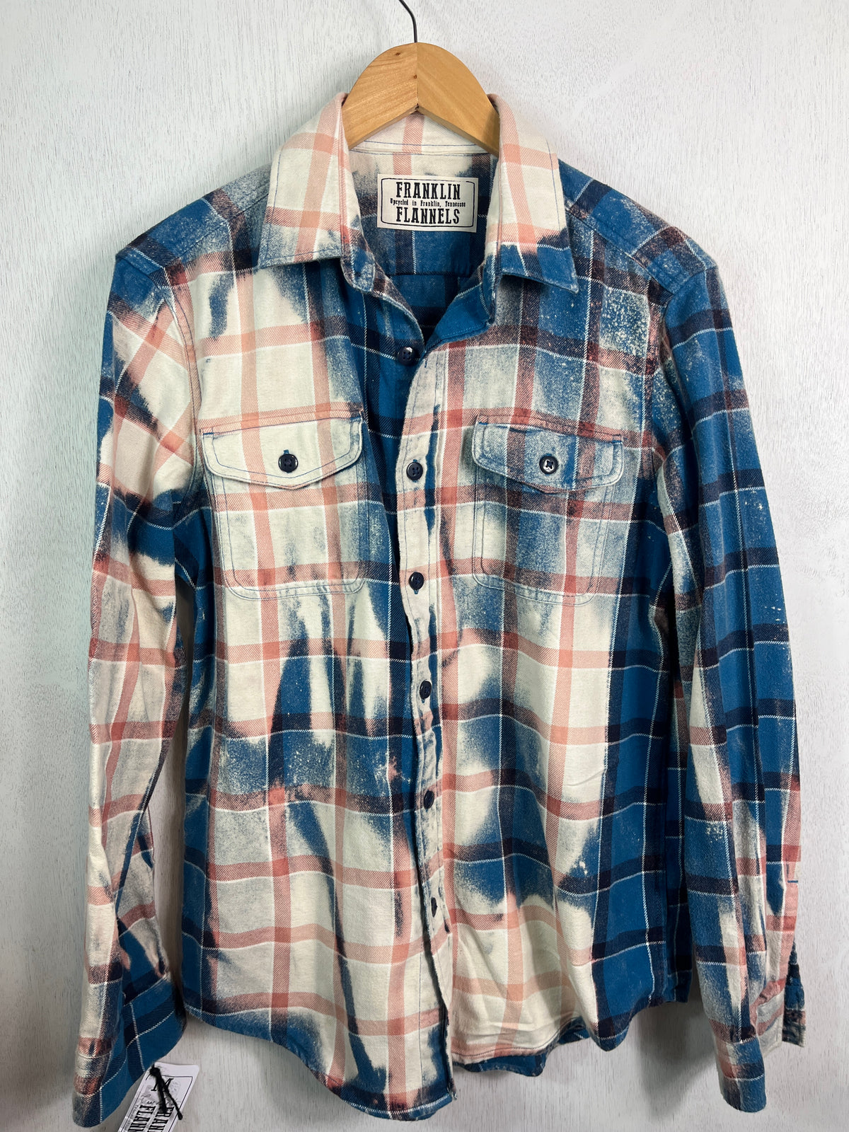 Vintage Cobalt Blue, Cream, Pink and Black Flannel Size Medium
