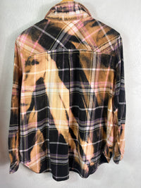 Vintage Black, Gold, Pink and Lavender Flannel Size Medium