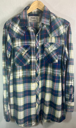 Vintage Western Style Navy, Green and White Flannel Size Large