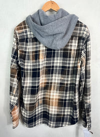 Vintage Dark Navy, White, Brown and Gold Flannel Hoodie Size Large