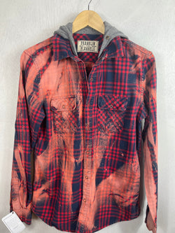 Vintage Red and Navy Blue Flannel Hoodie Size Small