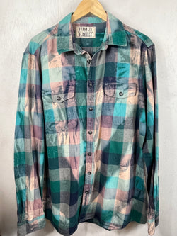 Vintage Turquoise, Teal, Cream and Navy Blue Flannel Size Large Tall