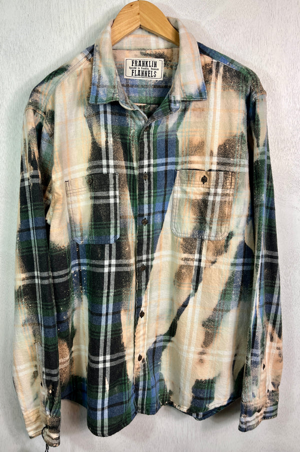 Vintage French Blue, Cream, Black and Green Flannel Size XL