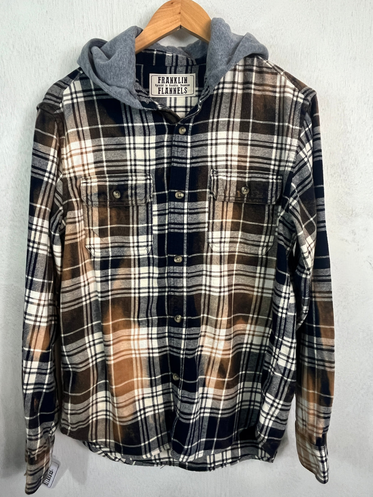 Vintage Dark Navy, White, Brown and Gold Flannel Hoodie Size Large