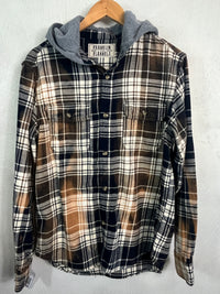 Vintage Dark Navy, White, Brown and Gold Flannel Hoodie Size Large