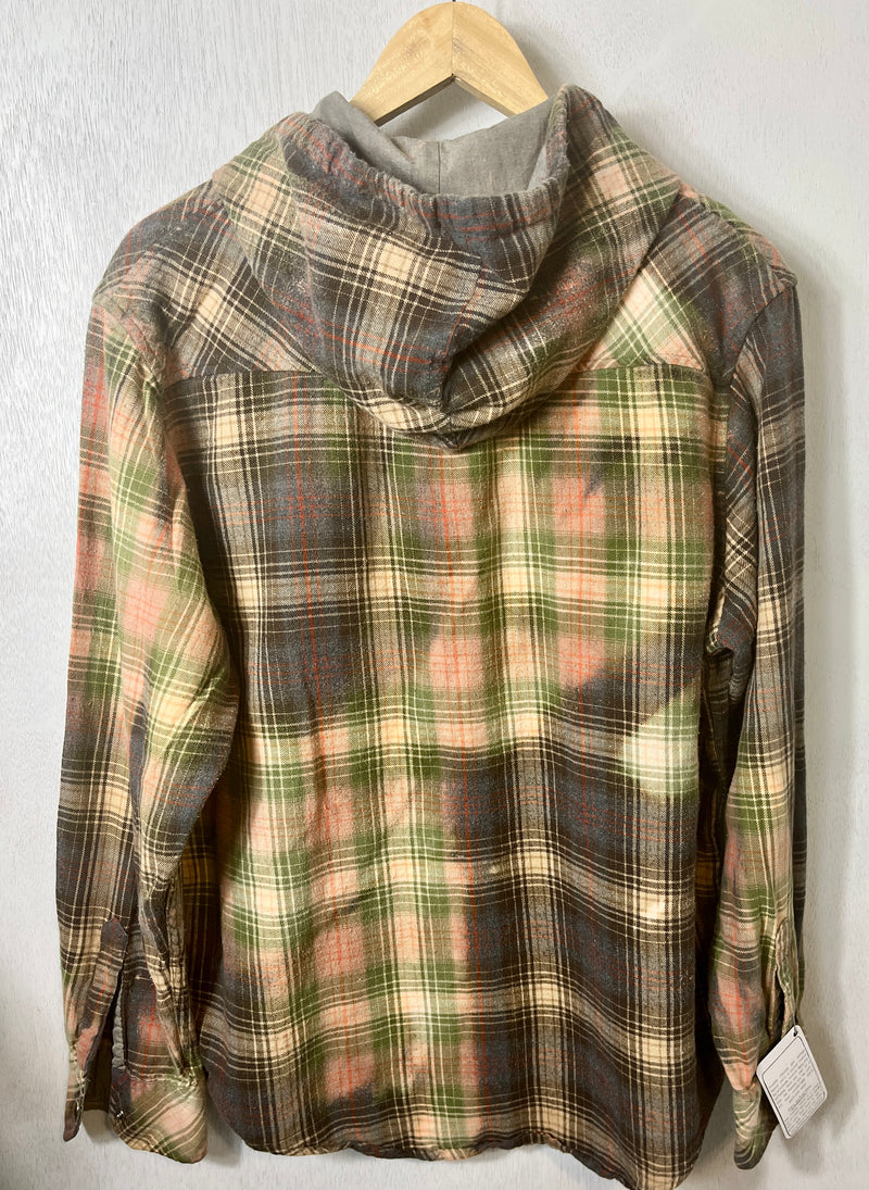 Vintage Western Style Army Green, Brown and Coral Flannel Hoodie Size Large