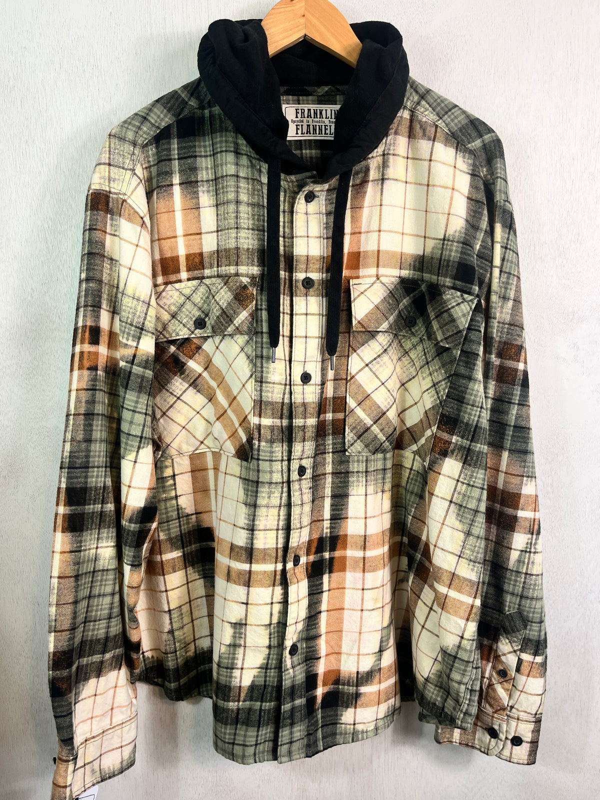 Vintage Sage Green, Black, Rust and Cream Flannel Hoodie Size XL