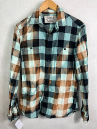 Vintage Robin's Egg Blue, Black, Gold and White Flannel Size Small
