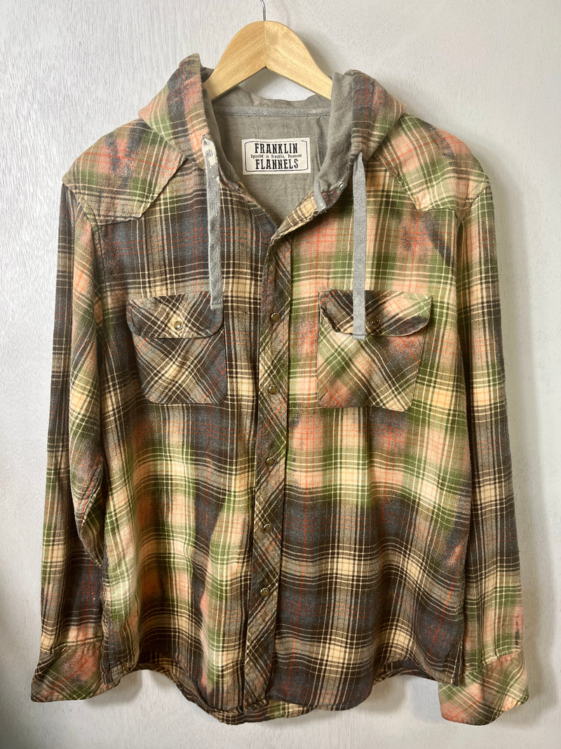 Vintage Western Style Army Green, Brown and Coral Flannel Hoodie Size Large