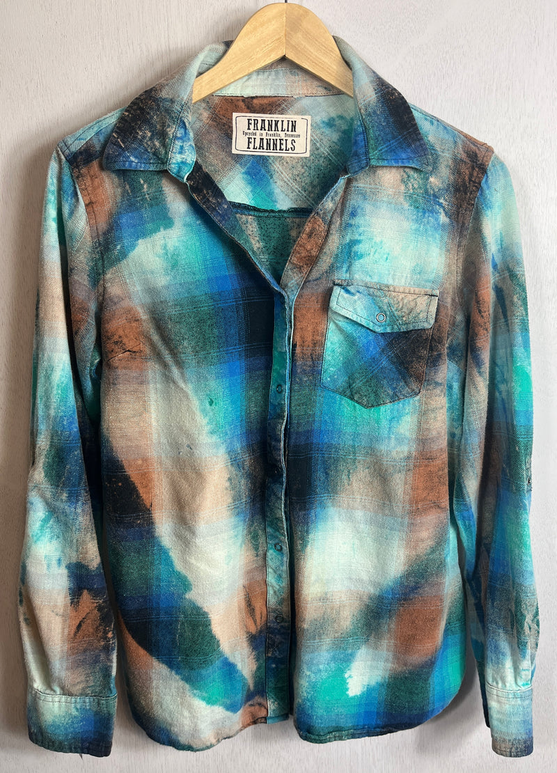 Vintage Turquoise, Black, Rust, Light Blue and White Flannel Size Small