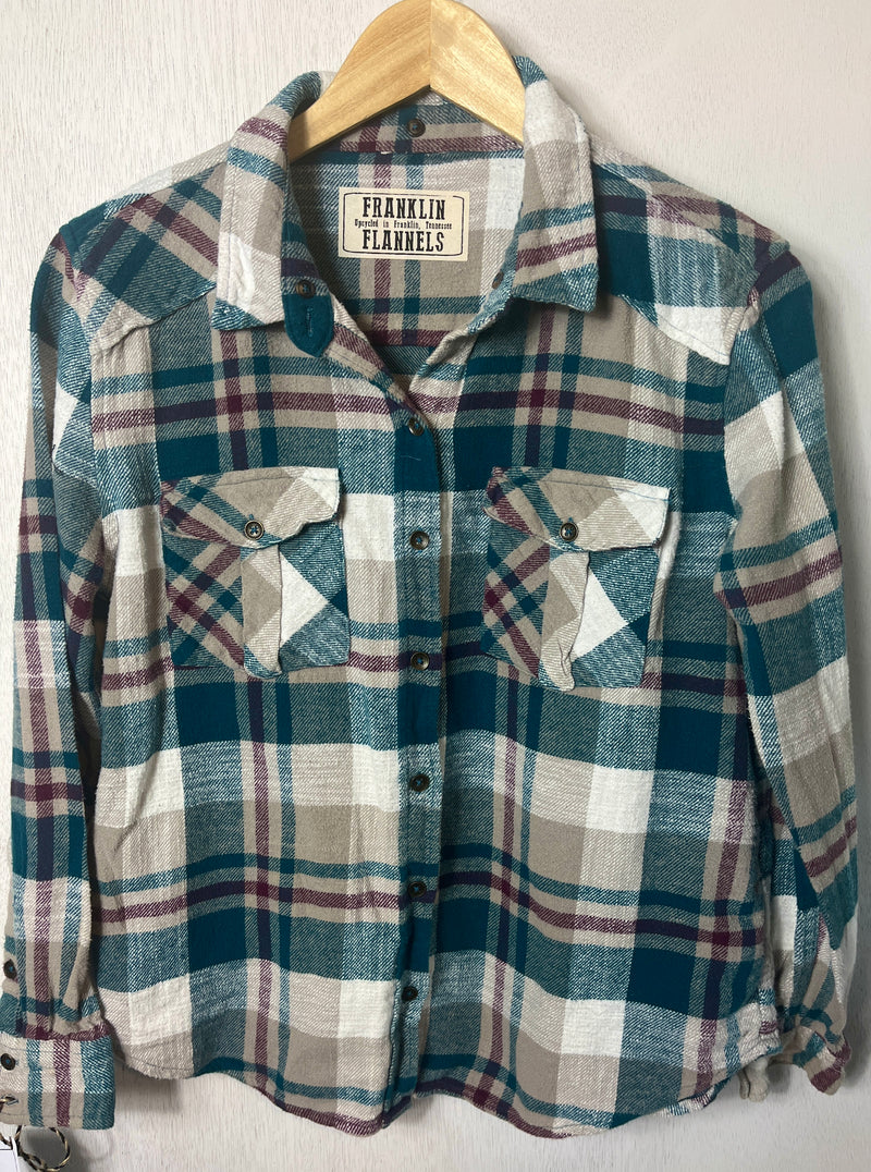 Vintage Teal, White, Taupe and Burgundy Flannel Size Small