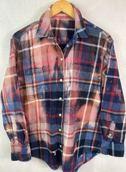 Vintage Navy and Light Blue, Pink, Black and White Flannel Size Large