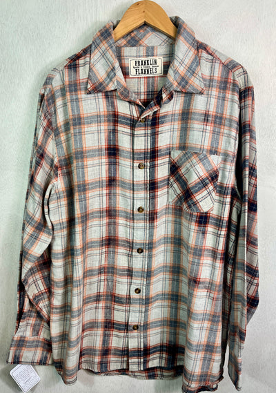Vintage Blue, Orange and Grey Faded Flannel Size Large