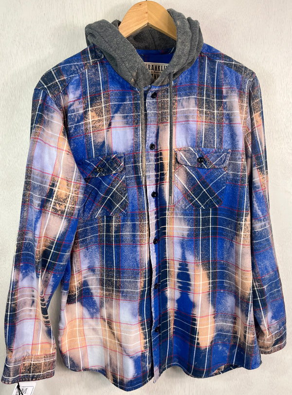 Vintage Royal Blue, Grey, White, Red and Peach Flannel Hoodie Size Medium