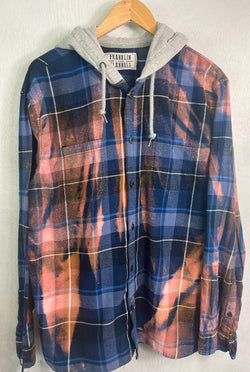 Vintage Blue, Navy, Black, Rust and Pink Flannel Hoodie Size Large
