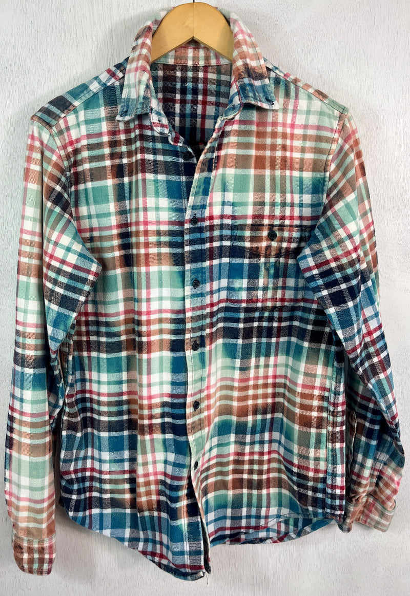 Vintage Turquoise, Seafoam, Pink, White and Black Flannel Size Small