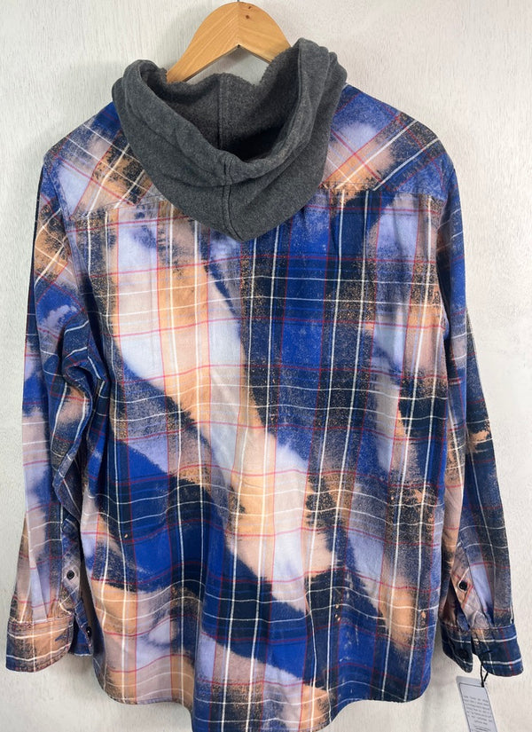 Vintage Royal Blue, Grey, White, Red and Peach Flannel Hoodie Size Medium