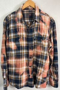 Vintage Navy Blue, White, Gold and Peach Flannel Size XL
